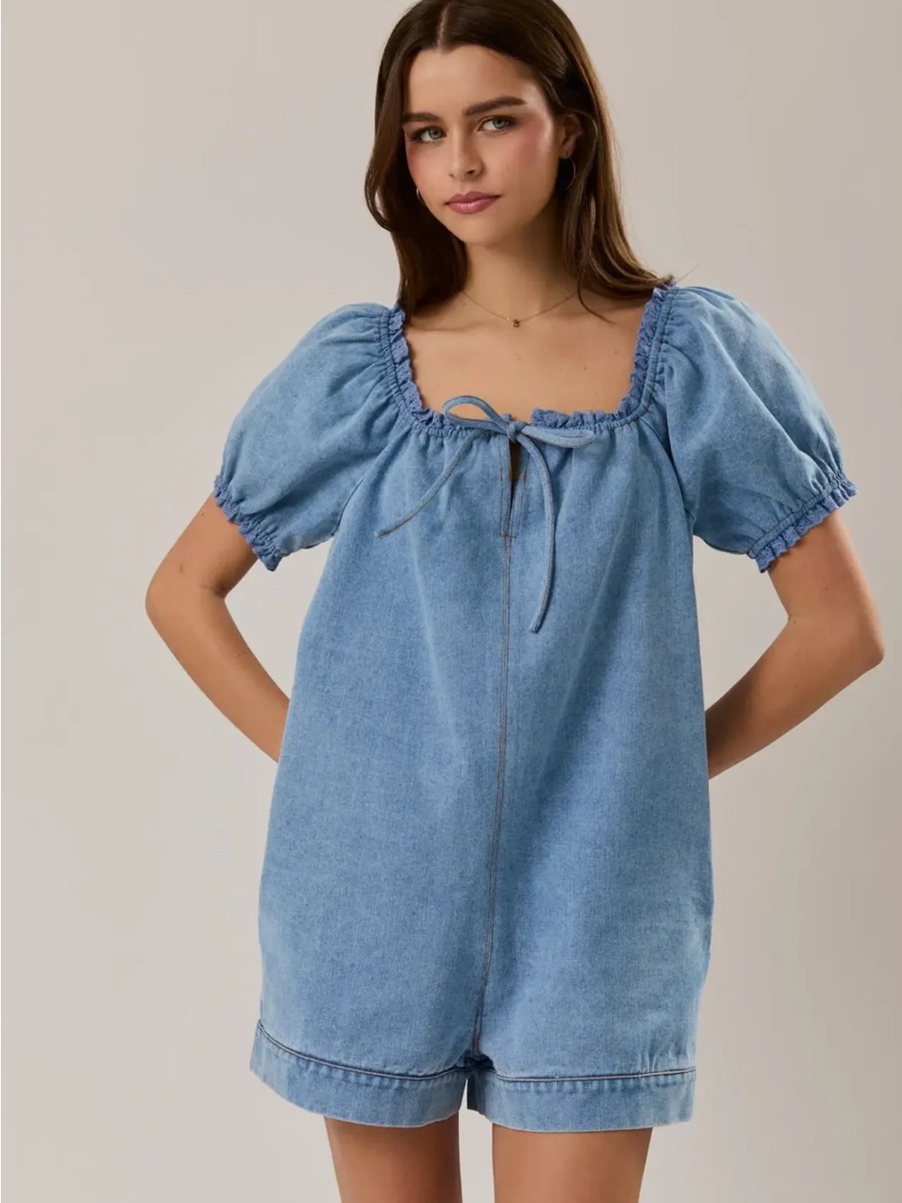 Blue Denim Puff-Sleeve Square Neck Romper